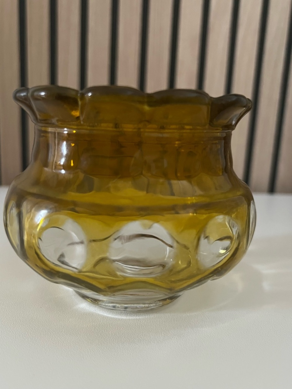 Vintage MCM Amber Scalloped Edge Glass Thumbprint Candle Holder